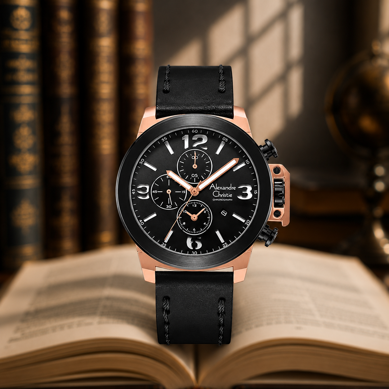 Alexandre Christie 6280 Kulit Hitam Ring Rosegold