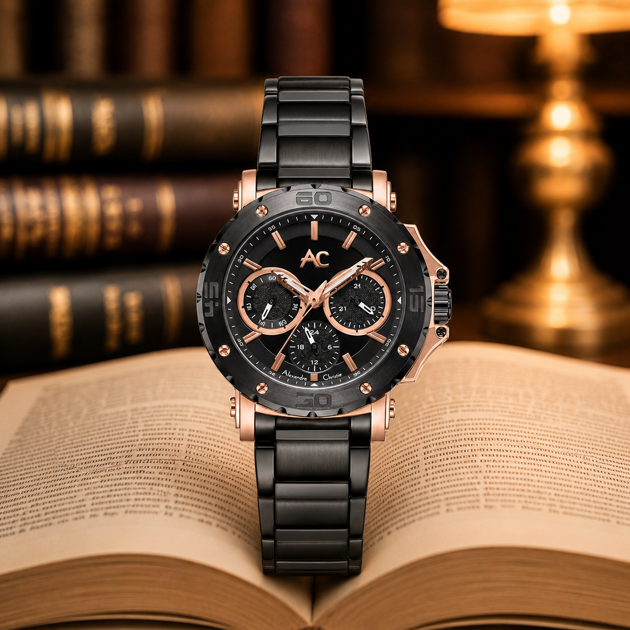 Alexandre Christie 9205 Rantai Hitam Dial Rosegold