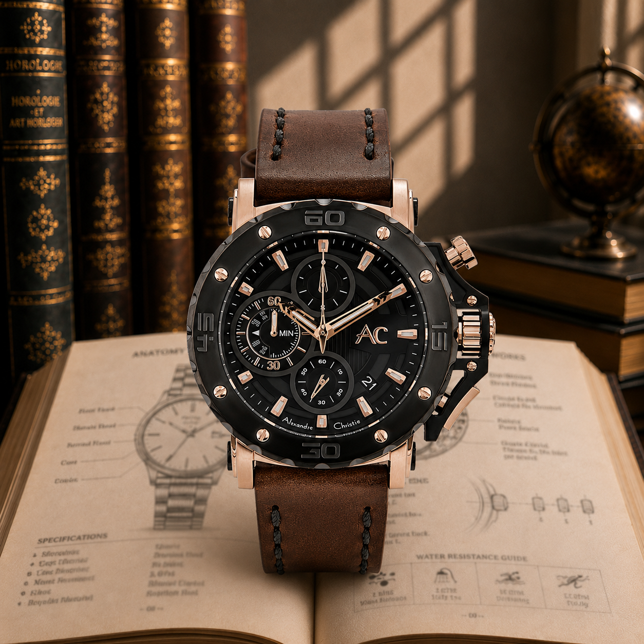 Alexandre Christie 9205 Kulit Coklat Ring Rosegold Dasar Hitam