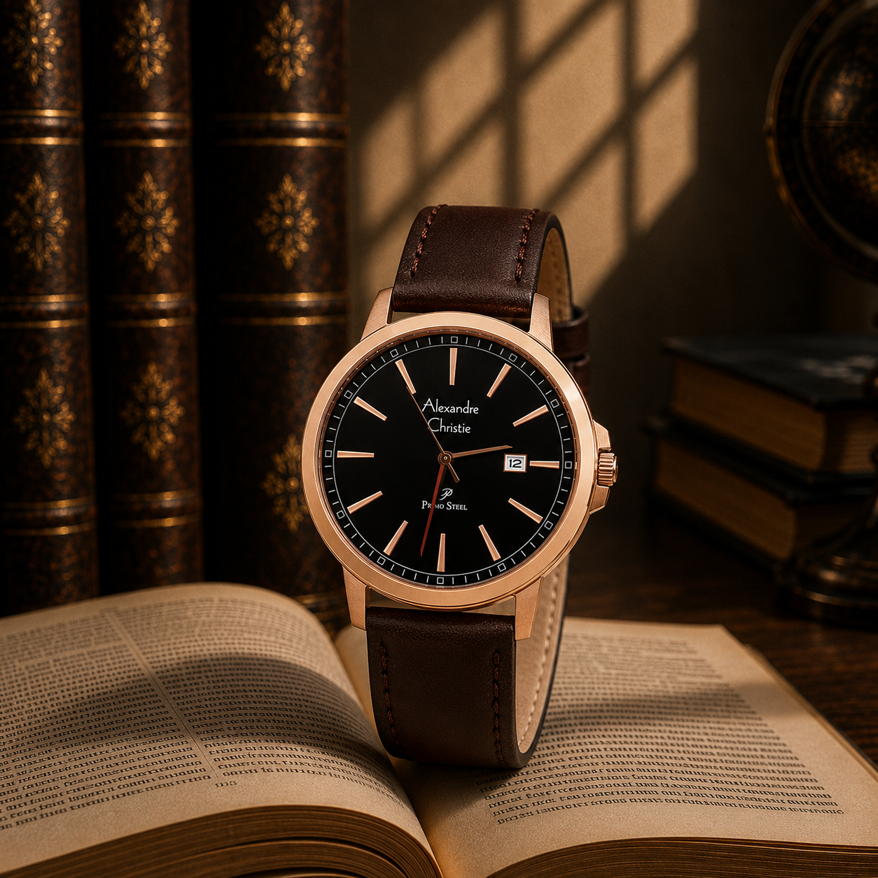 Alexandre Christie 1014 Kulit Coklat Ring Rosegold Dasar Hitam