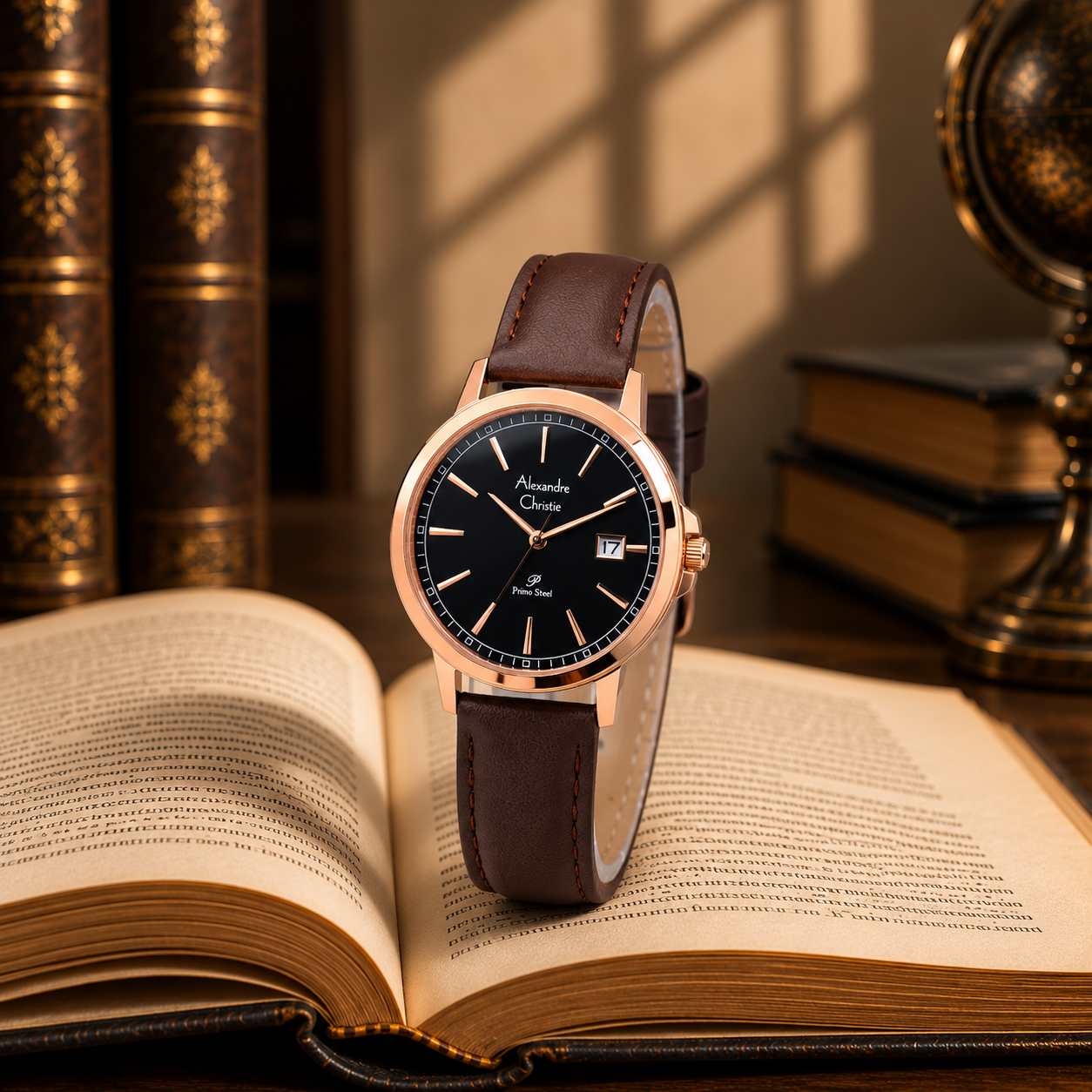 Alexandre Christie 1014 Kulit Coklat Ring Rosegold Dasar Hitam