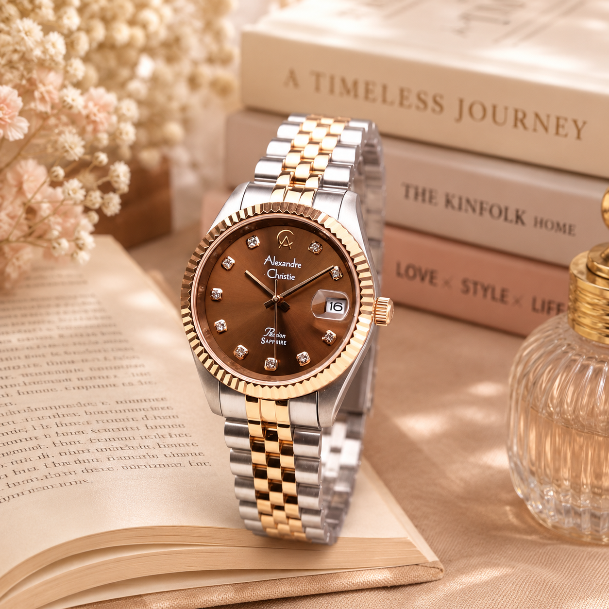 Alexandre Christie 5013 Rantai Rosegold Kombinasi Silver Dasar Coklat