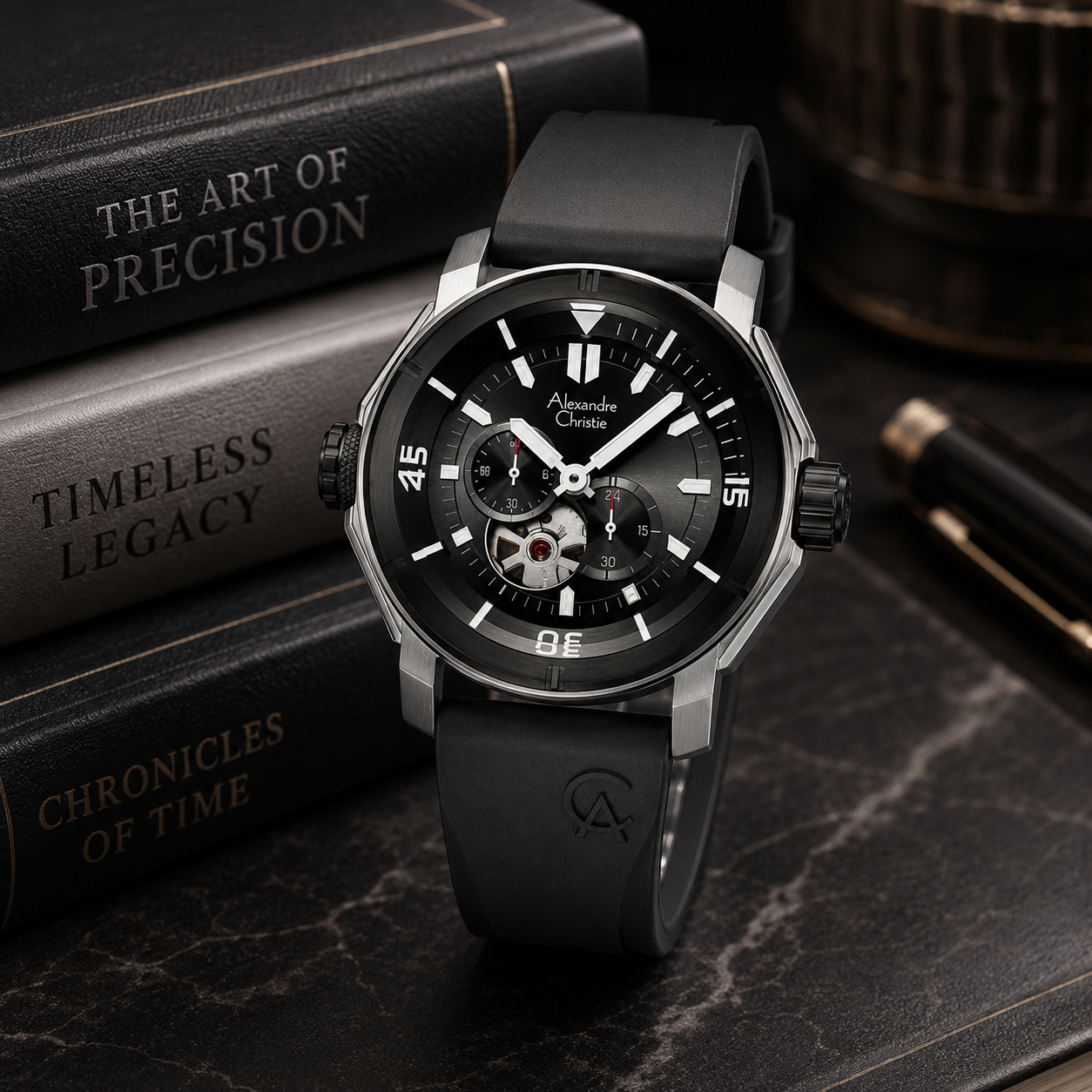 Alexandre Christie 6565 Karet Hitam Ring Silver Automatic
