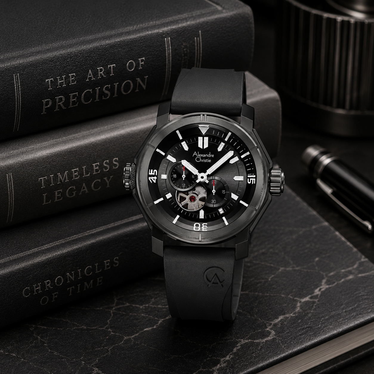 Alexandre Christie 6565 Karet Full Hitam Automatic