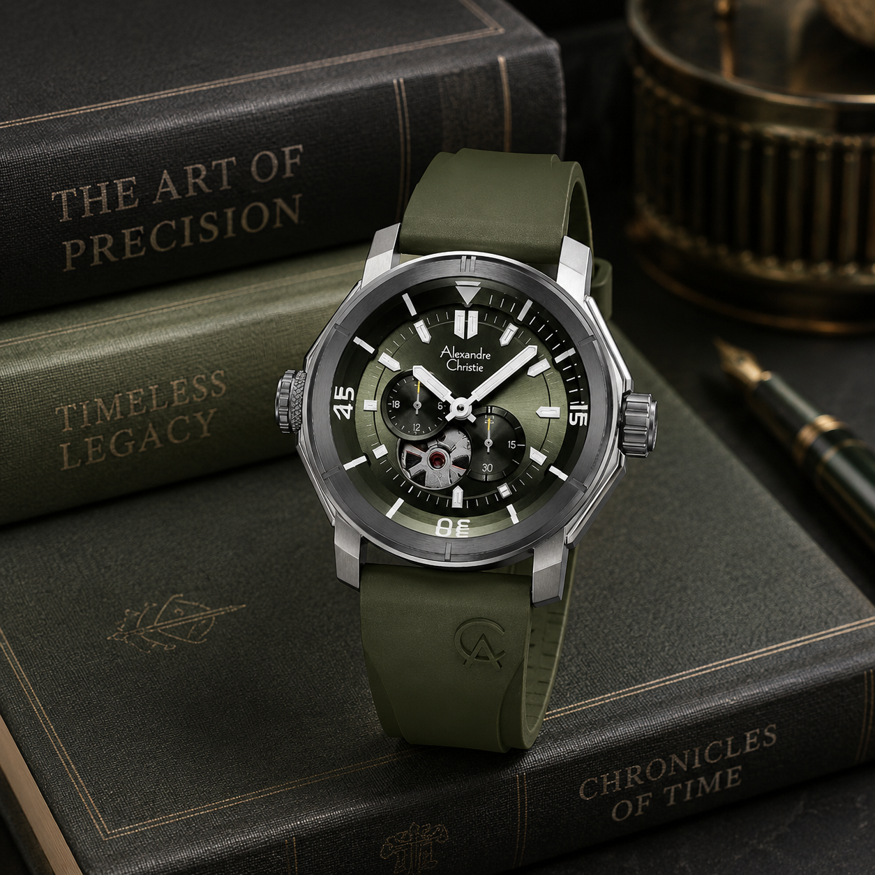 Alexandre Christie 6565 Karet Hijau Ring Silver Automatic