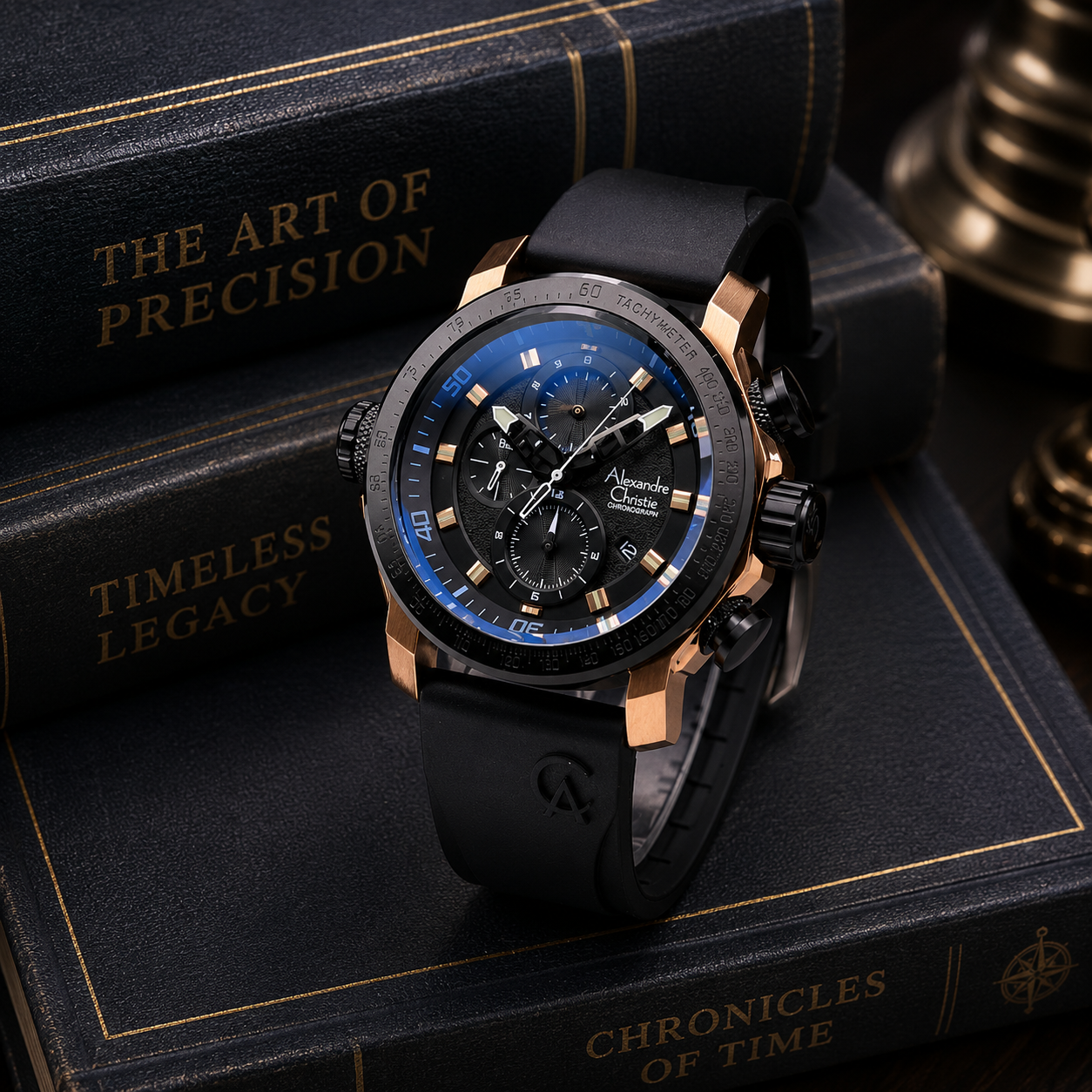 Alexandre Christie 6565 Karet Hitam Ring Rosegold