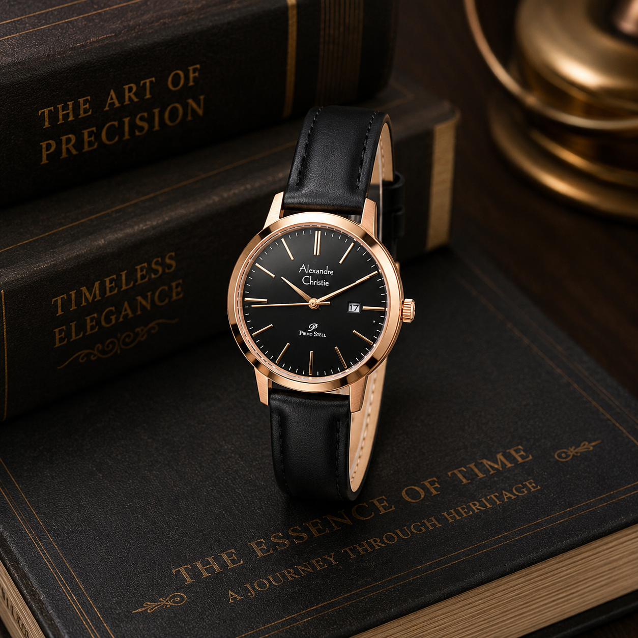Alexandre Christie 1007LD Kulit Hitam Ring Rosegold Dasar Hitam