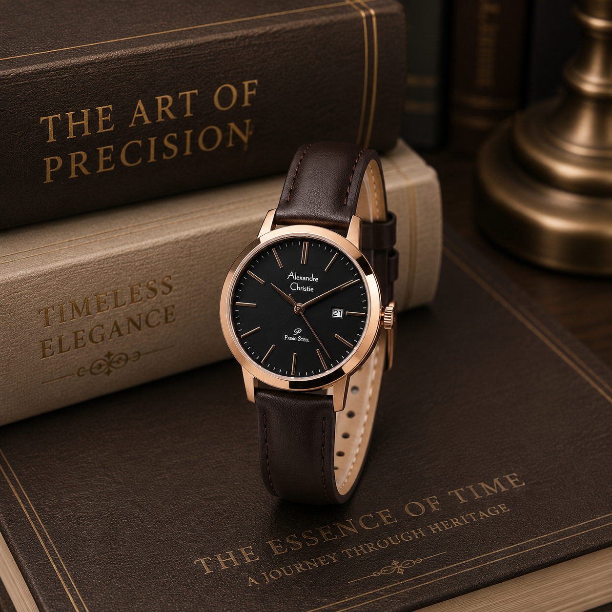 Alexandre Christie 1007LD Kulit Coklat Ring Rosegold  Dasar Hitam
