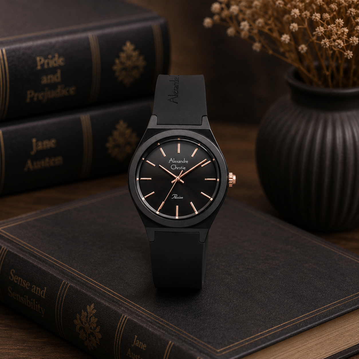 Alexandre Christie 2A07 Karet Hitam Dial Rosegold