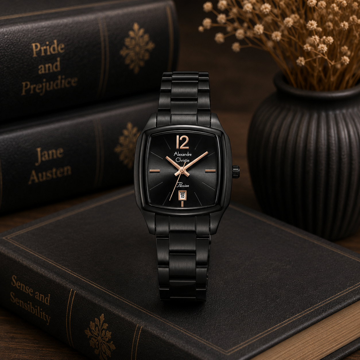Alexandre Christie 2454 Rantai Hitam Dial Rosegold