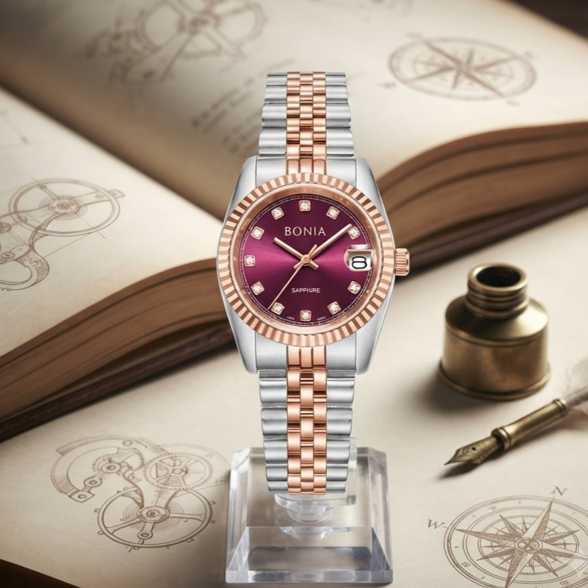 BONIA BNB10950-3667 Silver Combi Rosegold Dial Wine Red Stainless Steel Strap