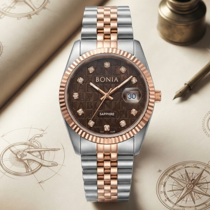 BONIA BNB10550-1646 Silver Combinasi Rosegold Stainless Steel