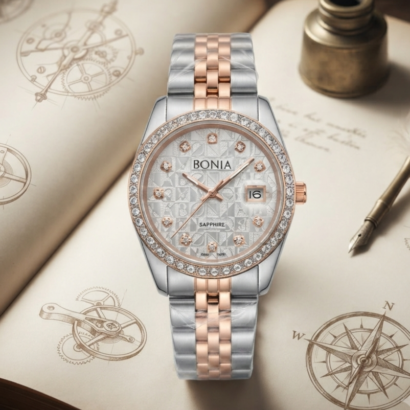 BONIA BNB10550-1616S Silver Rosegold Sapphire Crystal Glass