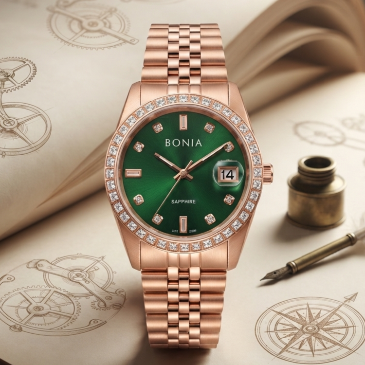 Bonia Sapphire BNB10553-1597S Green Dial Rose Gold Stainless Steel, Case Rose Gold