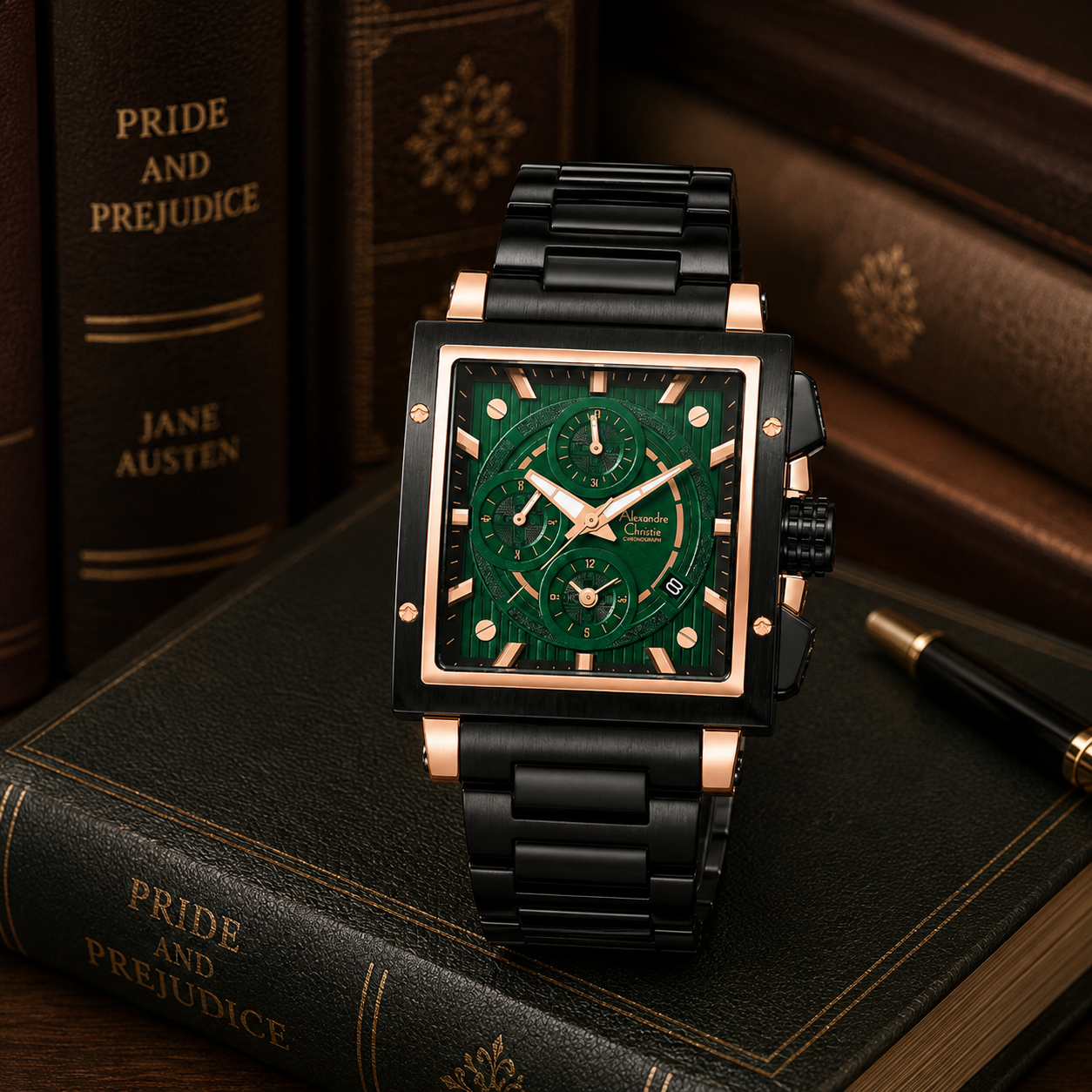 Alexandre Christie 6182 Rantai Hitam Ring Rosegold Dasar Hijau