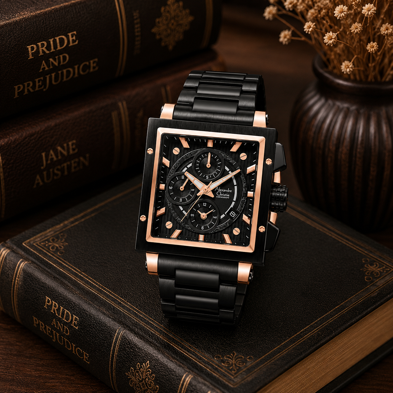 Alexandre Christie 6182 Rantai Hitam Ring Rosegold Dasar Hitam