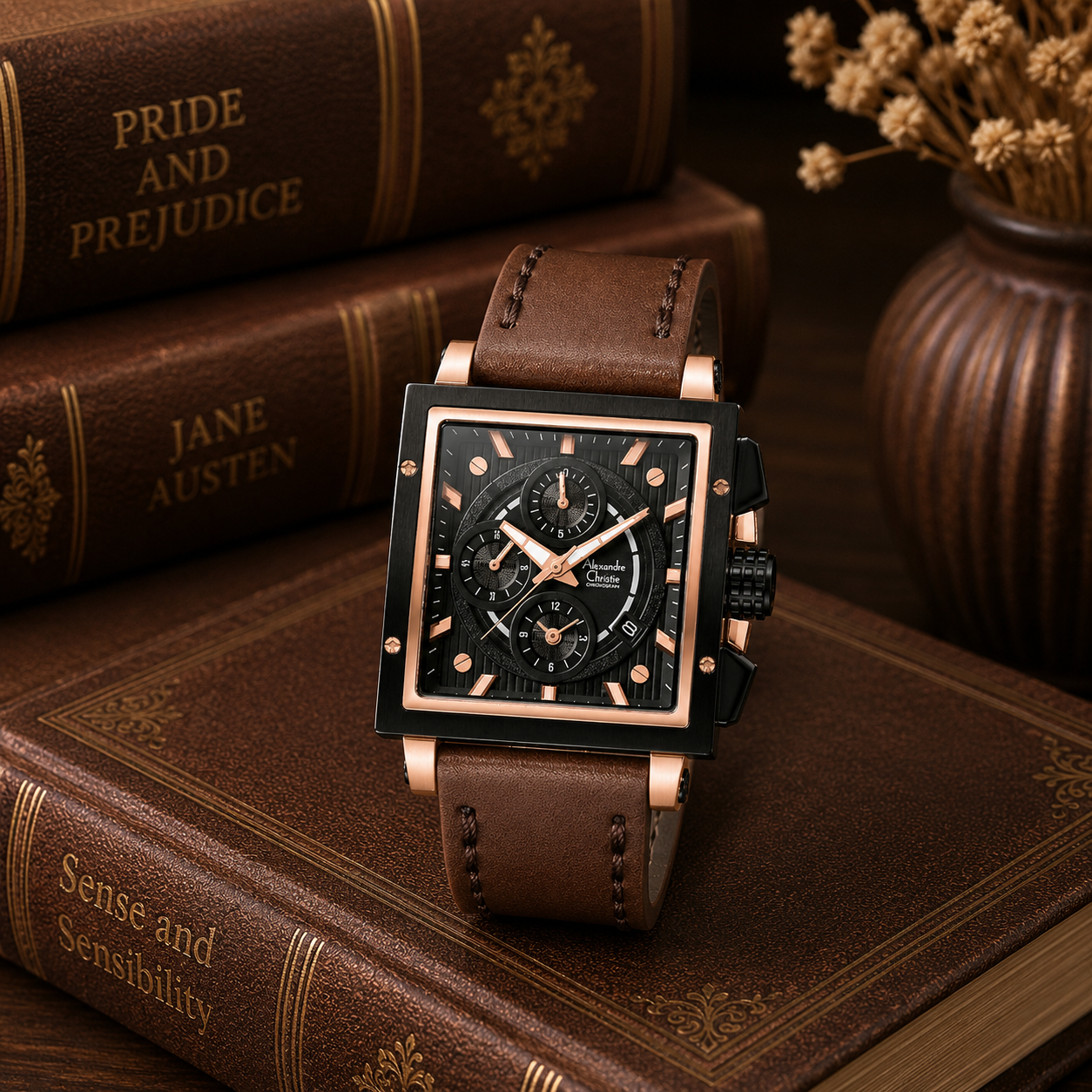 Alexandre Christie 6182 Kulit Coklat Ring Rosegold Dasar Hitam
