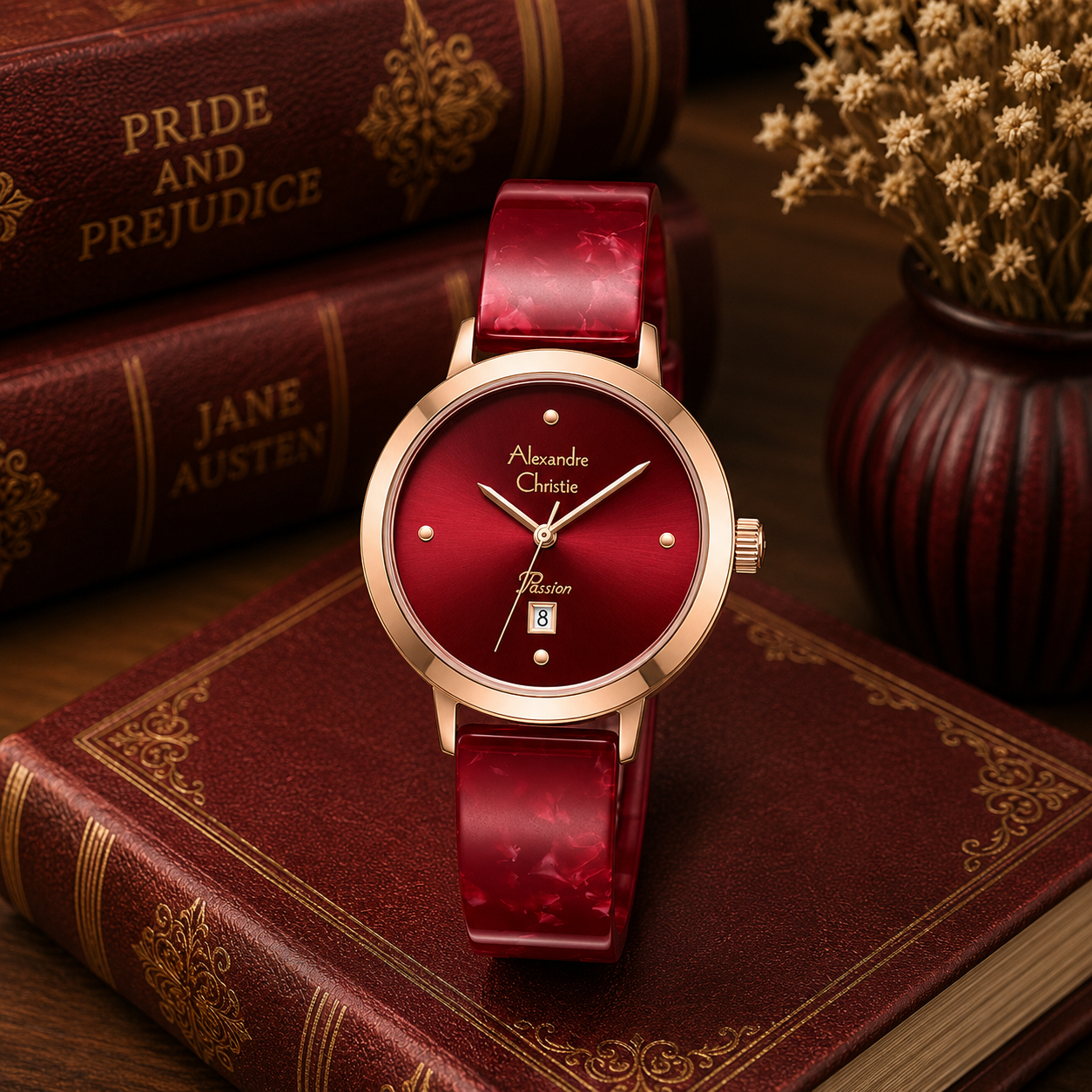 Alexandre Christie 2B74 Rantai Acrylic Merah Ring Rosegold