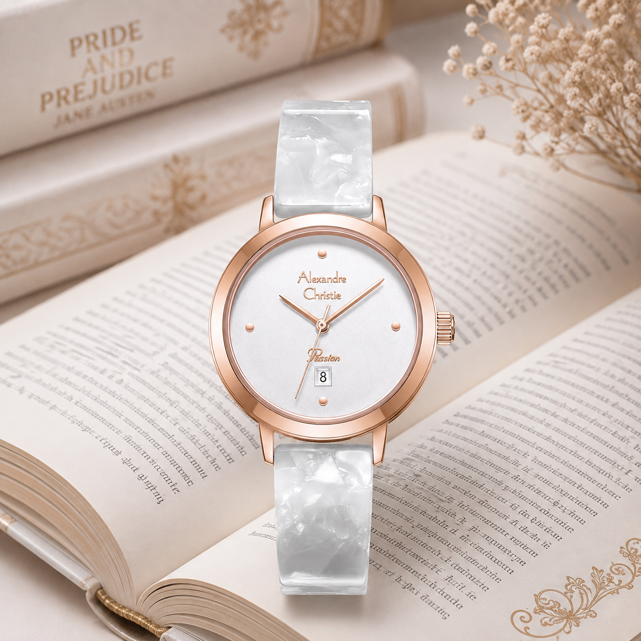 Alexandre Christie 2B74 Rantai Acrylic Putih Ring Rosegold