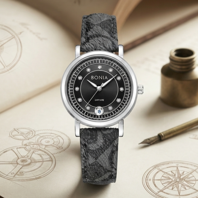 BONIA ELEGANCE ORIGINAL WOMEN BNB10875-2332 MADE IN MALAYSIA BLACK DIAL LEATHER STRAP
