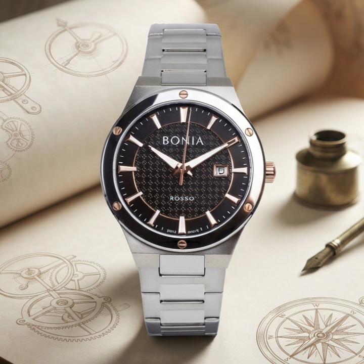 BONIA ROSSO ORIGINAL BNR192 1332 JAM PRIA BNR192-1332 SILVER STAINLES PLAT HITAM LA