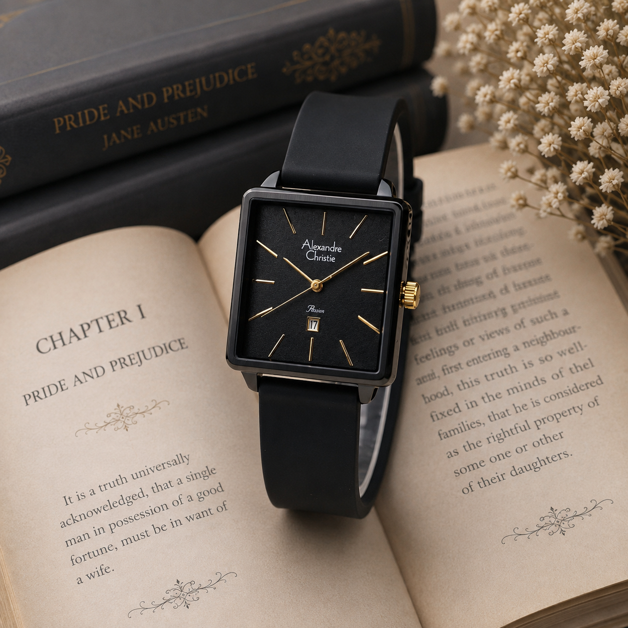 Alexandre Christie 2810 Karet Hitam Dial Gold