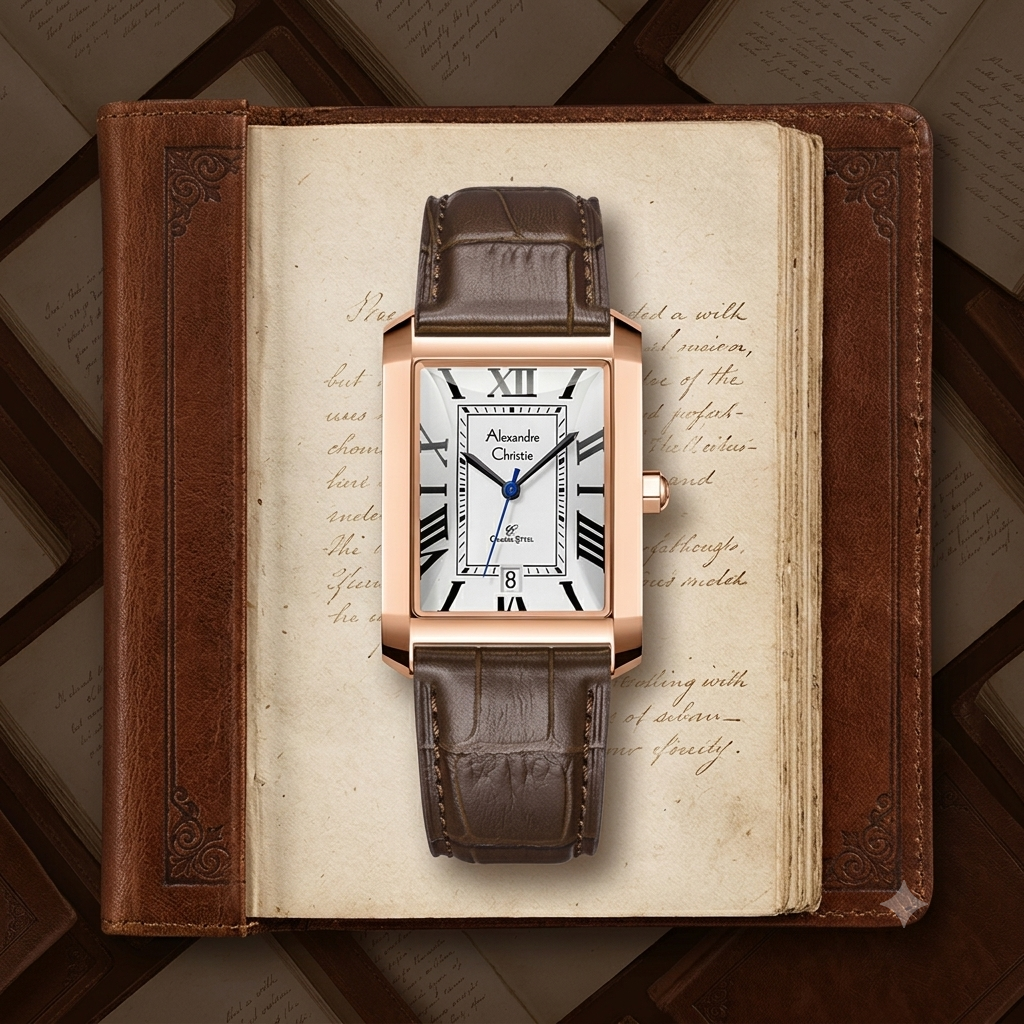 Alexandre Christie 8714 Kulit Coklat Ring Rosegold Dasar Putih