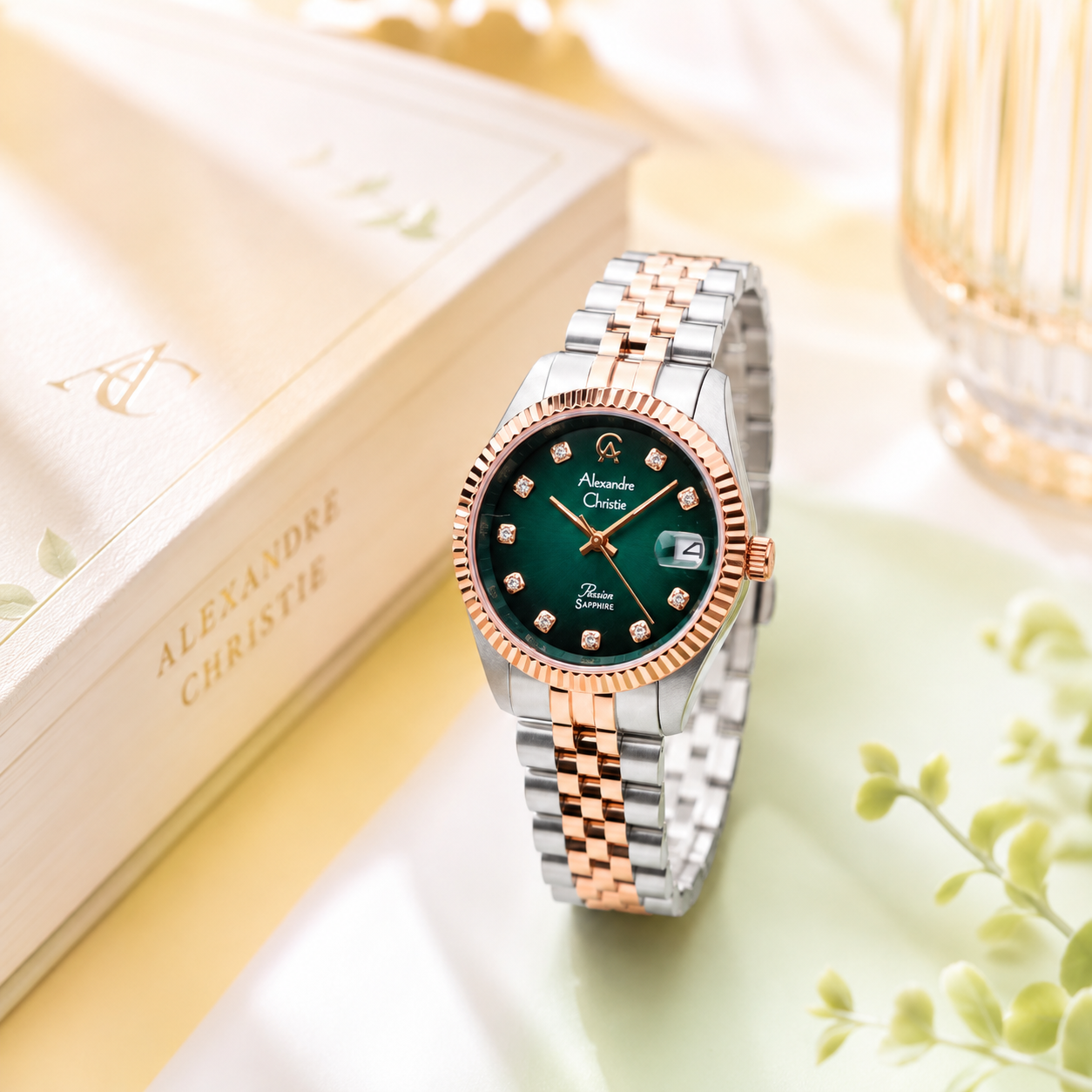 Alexandre Christie 5013 Rantai Silver Kombinasi Rosegold Dasar Hijau