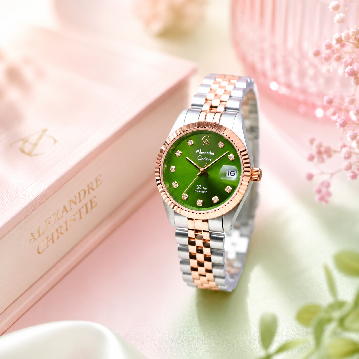 Alexandre Christie 5013 Rantai Silver Kombinasi Rosegold Dasar HIjau