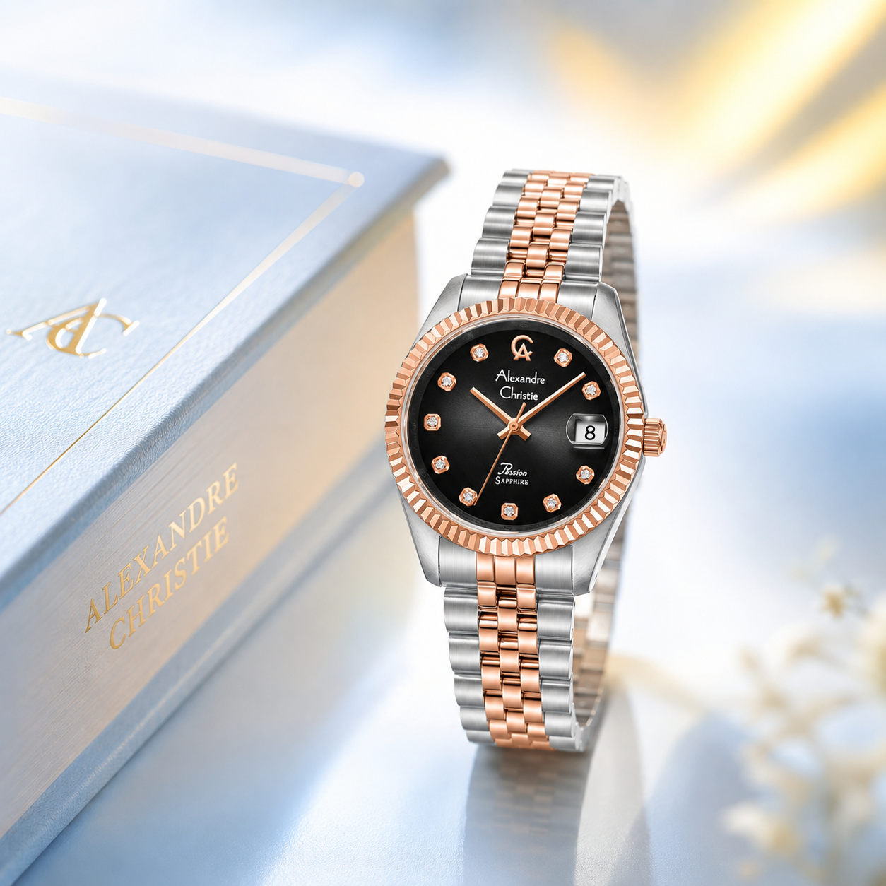 Alexandre Christie 5013 Rantai Rosegold Kombinasi Silver Dasar Hitam