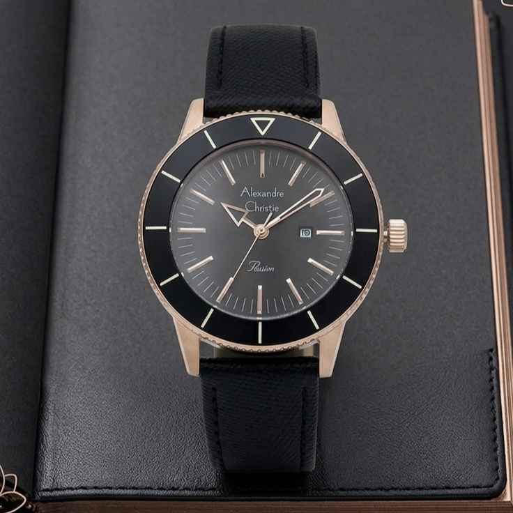 Alexandre Christie 5002 Kulit Hitam Ring Rosegold