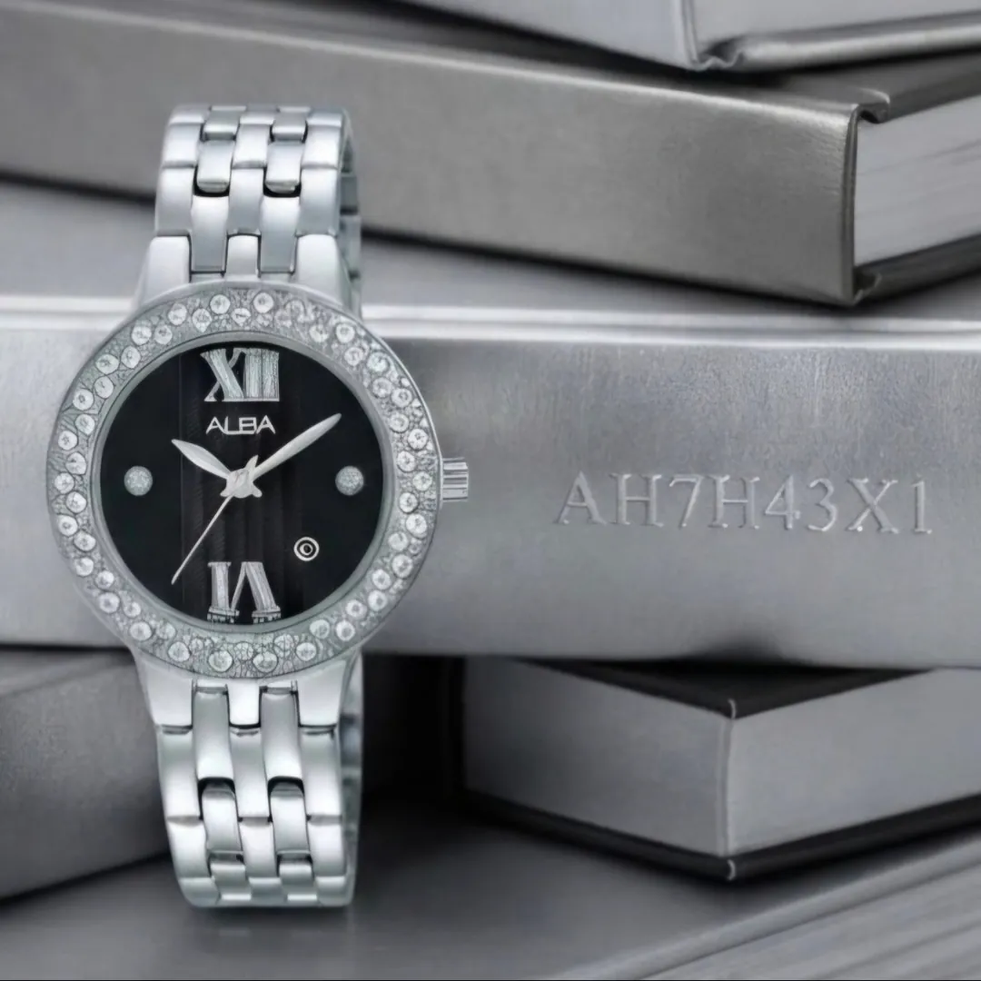 AH7H43X1 SILVER DIAL HITAM WANITA