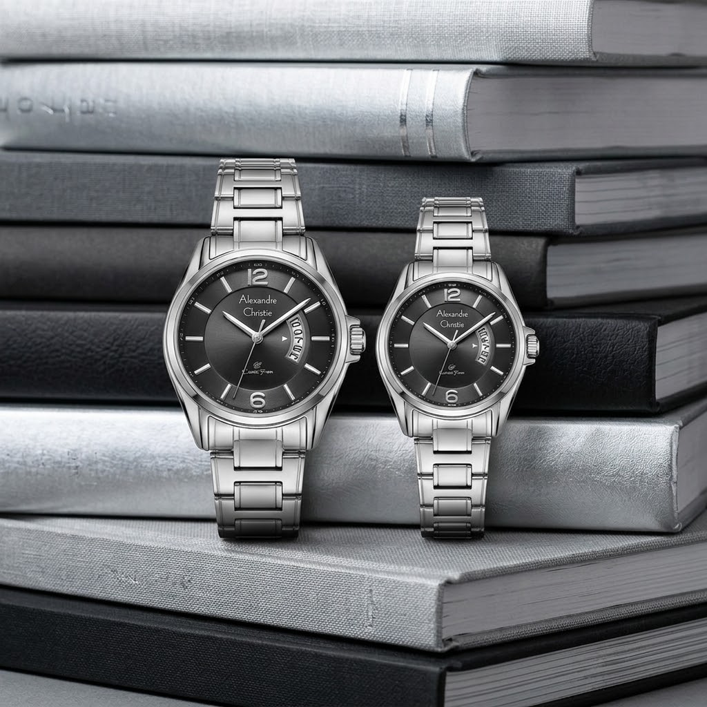 Alexandre Christie 8684 RANTAI SILVER DIAL HITAM COUPLE
