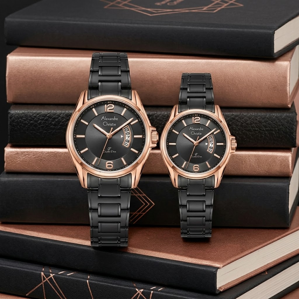 ALEXANDRE CHRISTIE 8684 RANTAI HITAM RING ROSEGOLD DIAL HITAM COUPLE