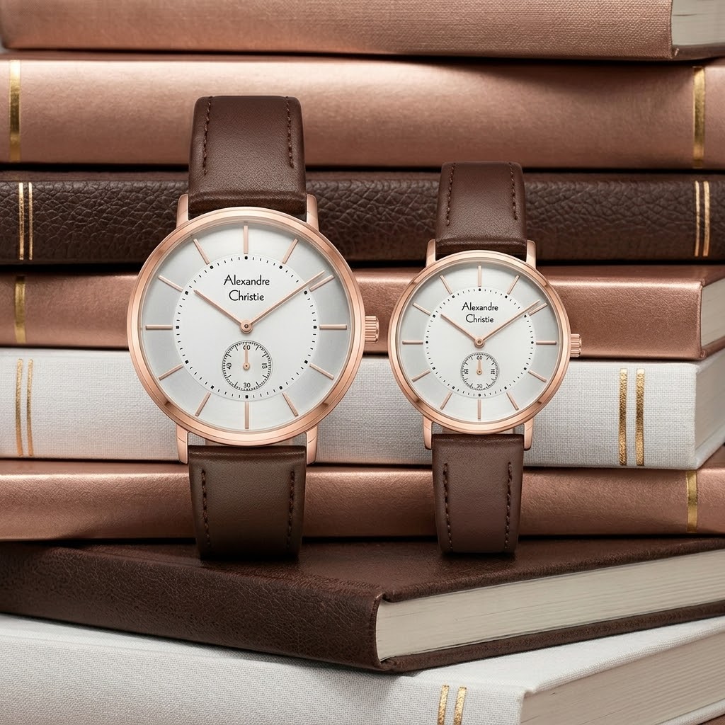 ALEXANDRE CHRISTIE 8493 KULIT COKLAT RING ROSEGOLD COUPLE