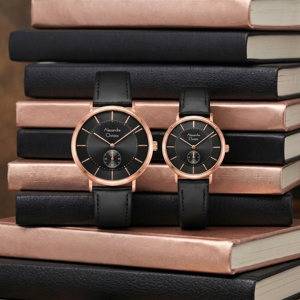 ALEXANDRE CHRISTIE 8493 KULIT HITAM RING ROSEGOLD COUPLE