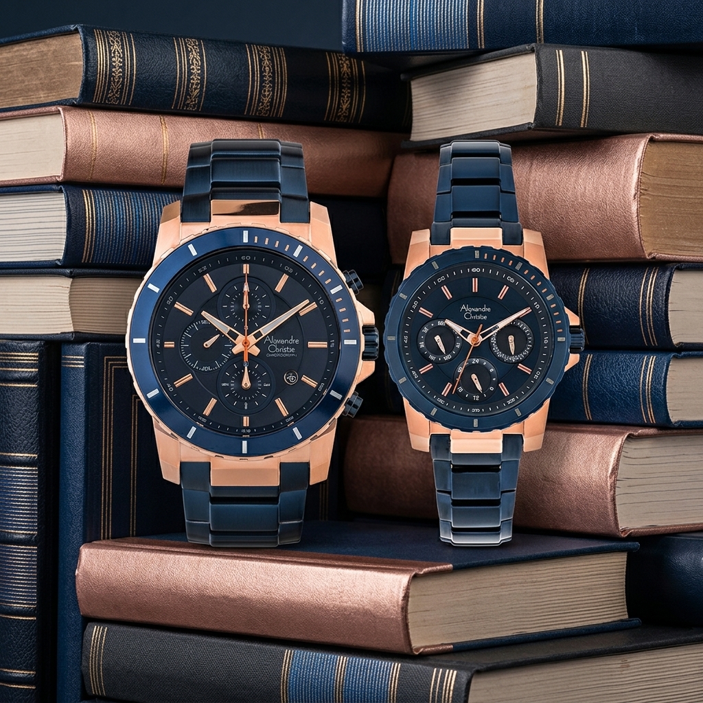 ALEXANDRE CHRISTIE 6141 RANTAI BIRU ROSEGOLD COUPLE