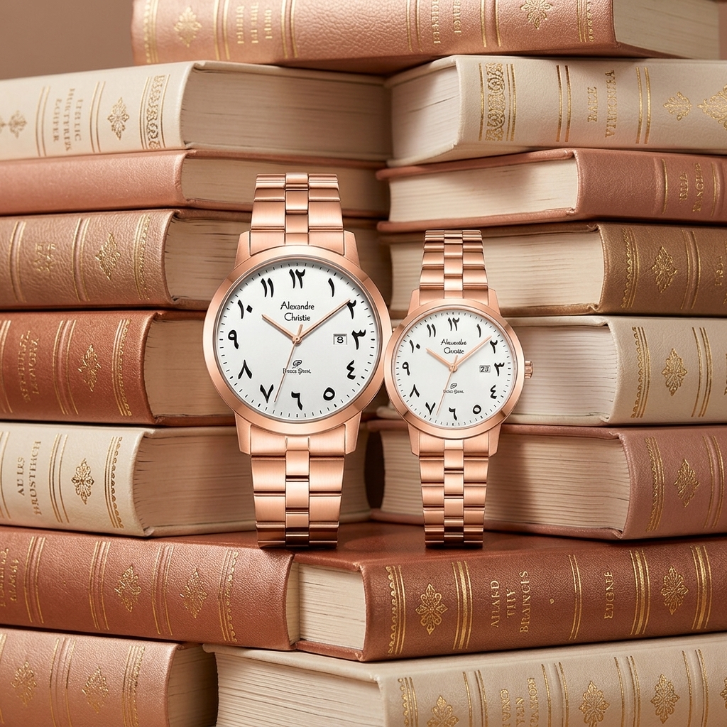 ALEXANDRE CHRISTIE 1007 RANTAI ROSEGOLD DIAL PUTIH COUPLE ARABIC
