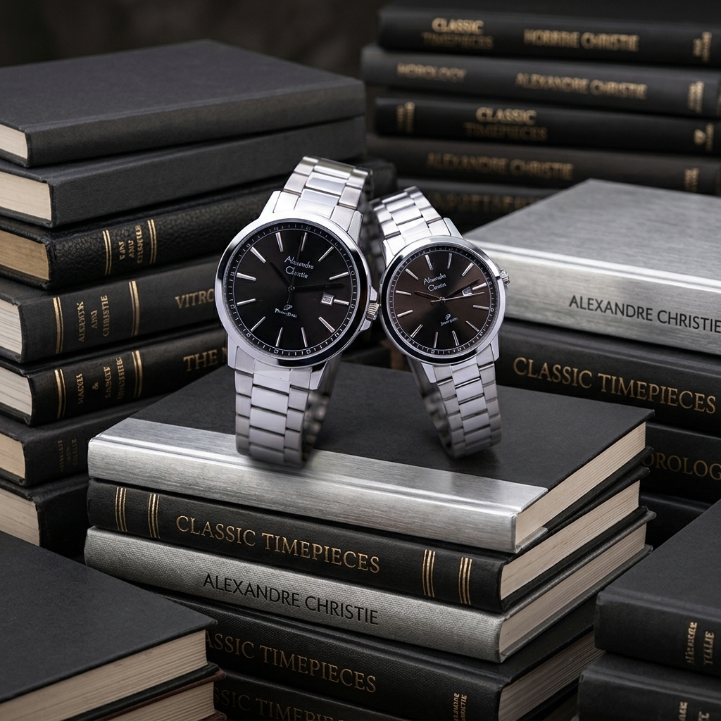 ALEXANDRE CHRISTIE 1014 RANTAI SILVER DIAL HITAM COUPLE